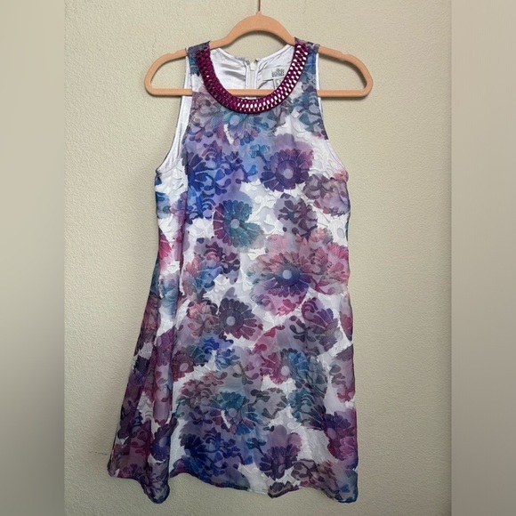 Belle Badgley Mischka Olga Watercolor Floral Lace Overlay Swing Sheath Dress 6 - Picture 2 of 12